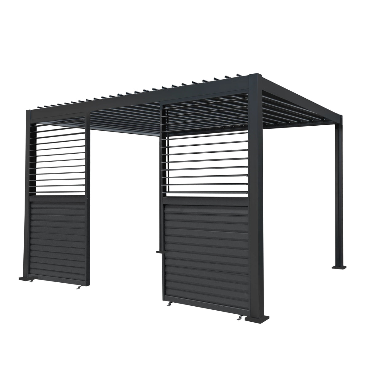 Anthracite aluminum pergola with two shutter panels, featuring a modern design and sleek lines, ideal for outdoor spaces