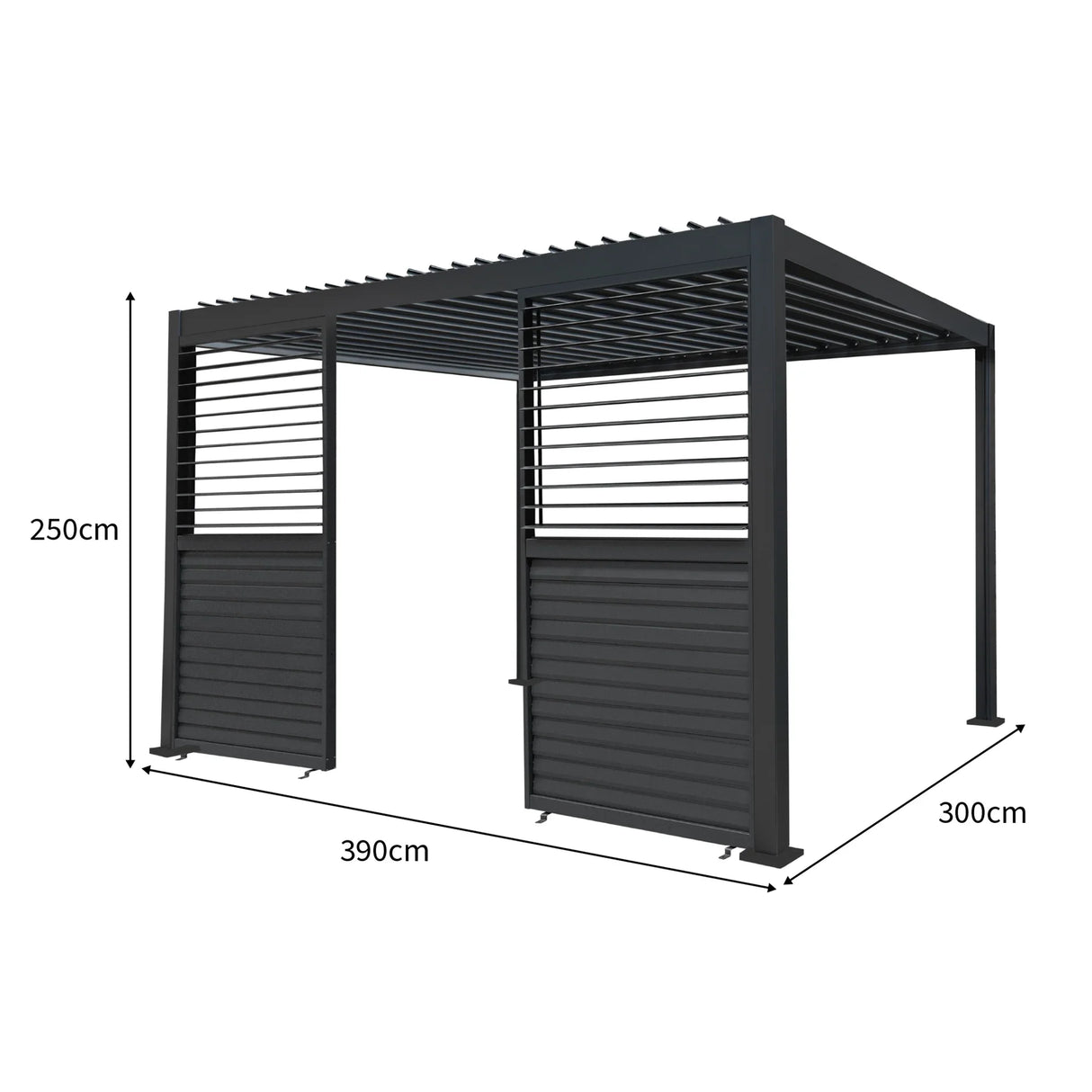Anthracite aluminum pergola with two shutter panels, measuring 3m x 4m, featuring a sleek, modern design and durable construction
