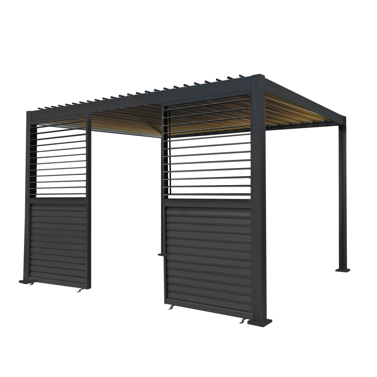 Anthracite aluminum pergola with LED lights, featuring two shutter panels, sleek design, and modern finish, dimensions 3m x 4m