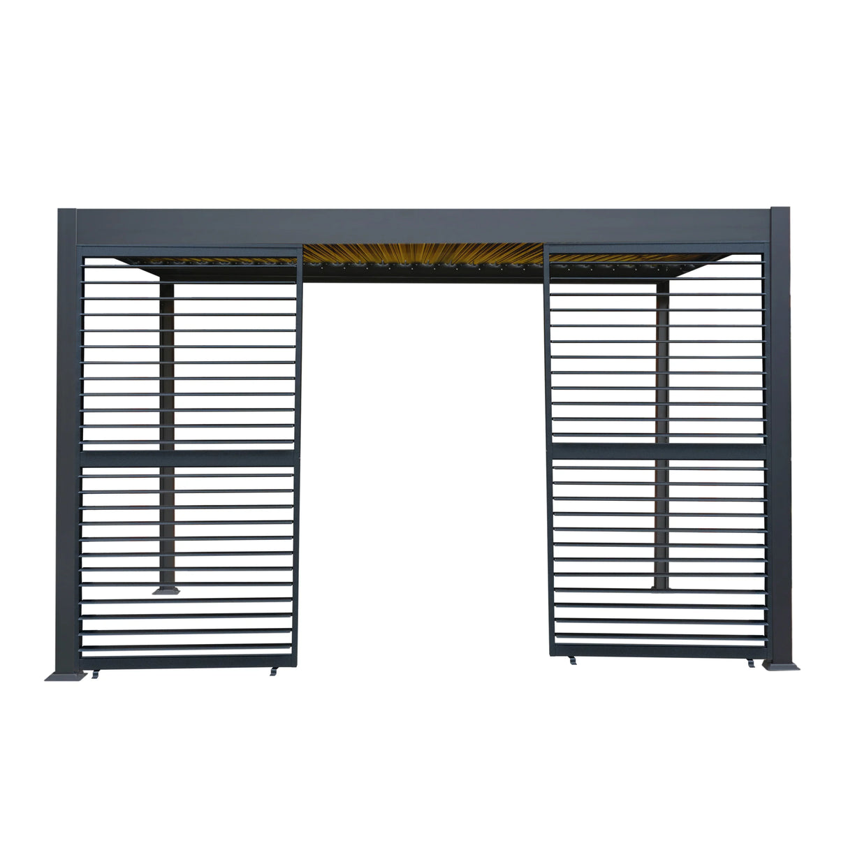 Anthracite aluminum pergola featuring LED lights and two shutter panels, showcasing a modern design and sleek lines, 3m x 4m size