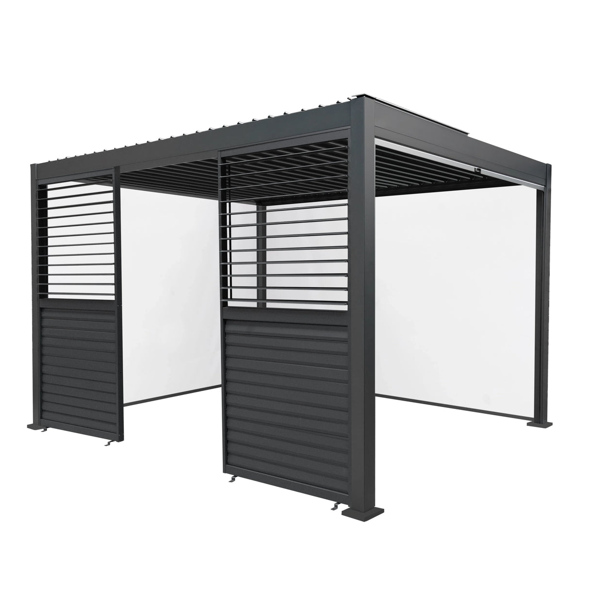 Anthracite aluminium pergola with white blinds and two shutter panels, featuring a modern design and sleek finish, measuring 3m x 4m