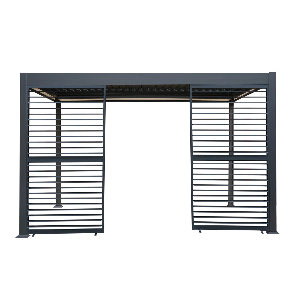 Anthracite aluminium pergola with white blinds and two shutter panels, featuring a sleek, modern design and durable construction