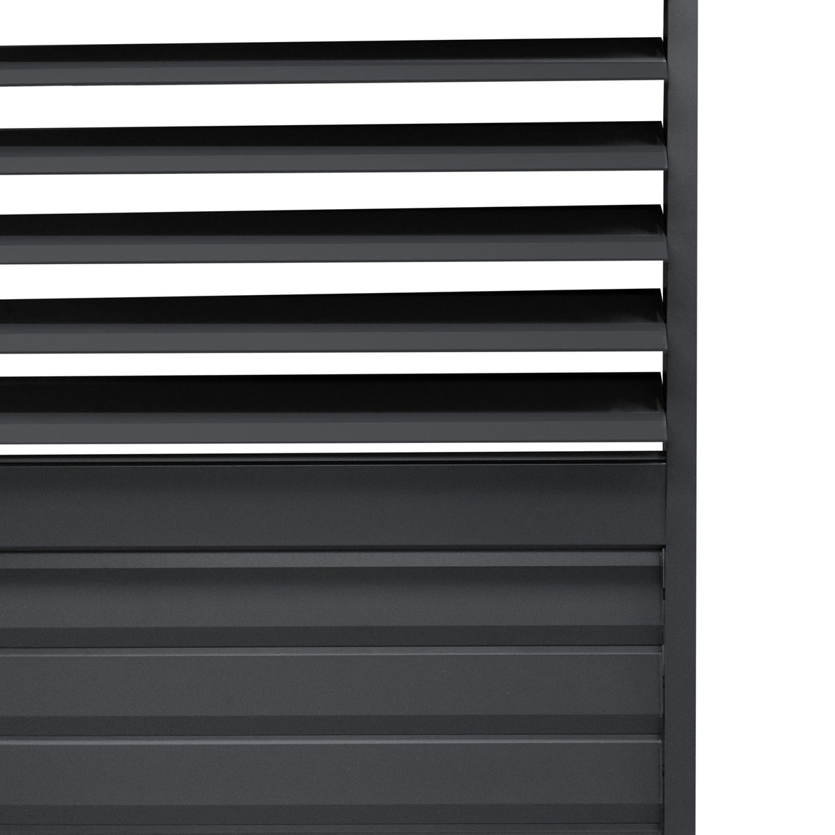 Anthracite aluminum pergola featuring sleek white blinds and two shutter panels, showcasing a modern design and durable materials