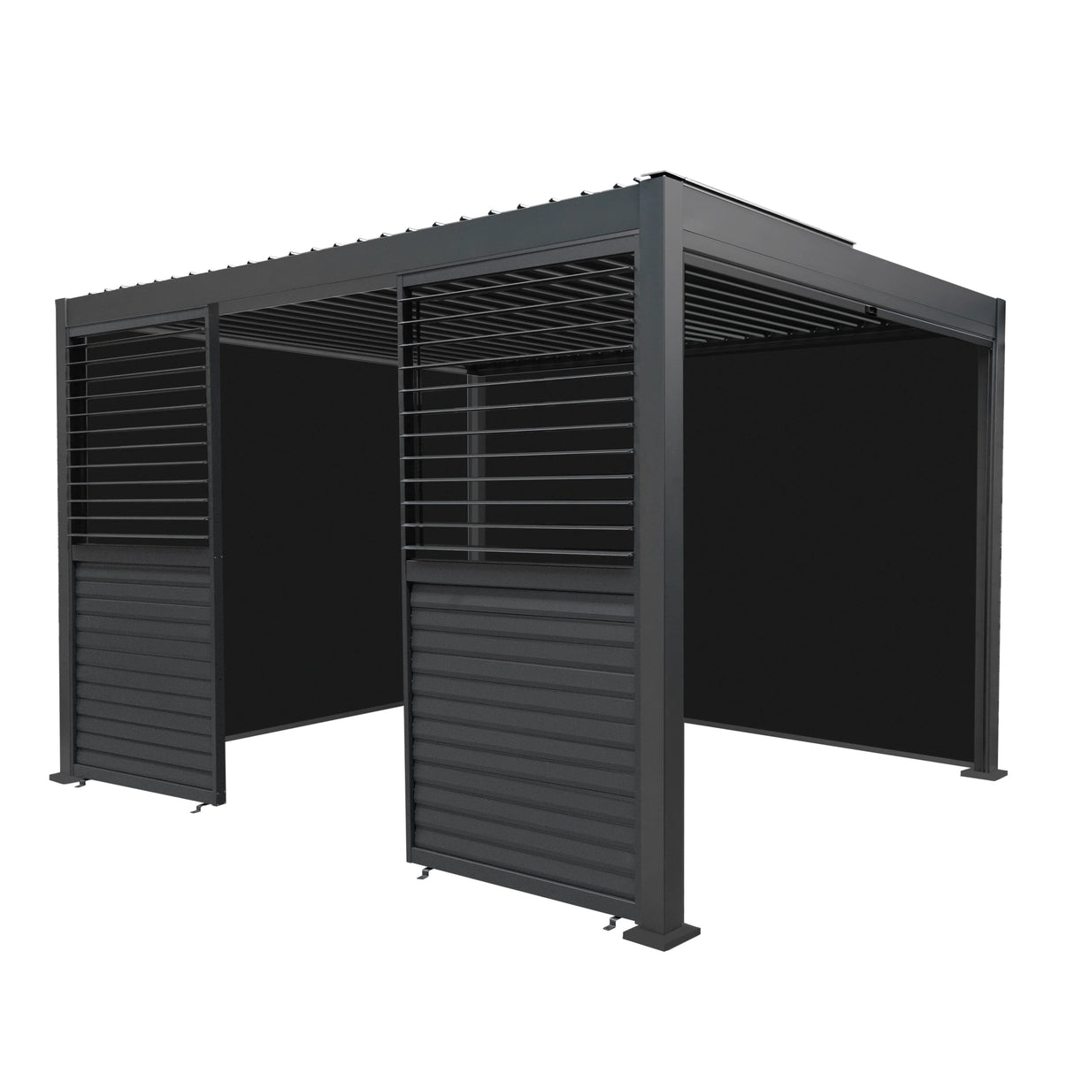 Aluminium pergola in anthracite with adjustable blinds and two shutter panels, measuring 3m x 4m, ideal for outdoor spaces