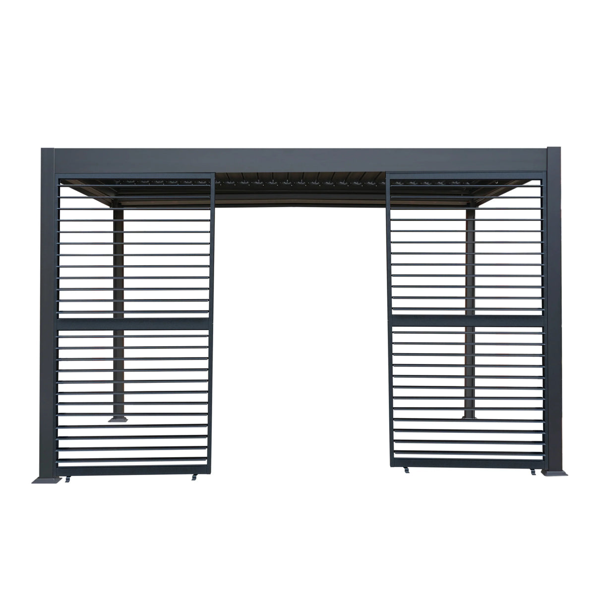 Aluminium pergola in anthracite with horizontal blinds and two shutter panels, measuring 3m x 4m, showcasing a sleek modern design
