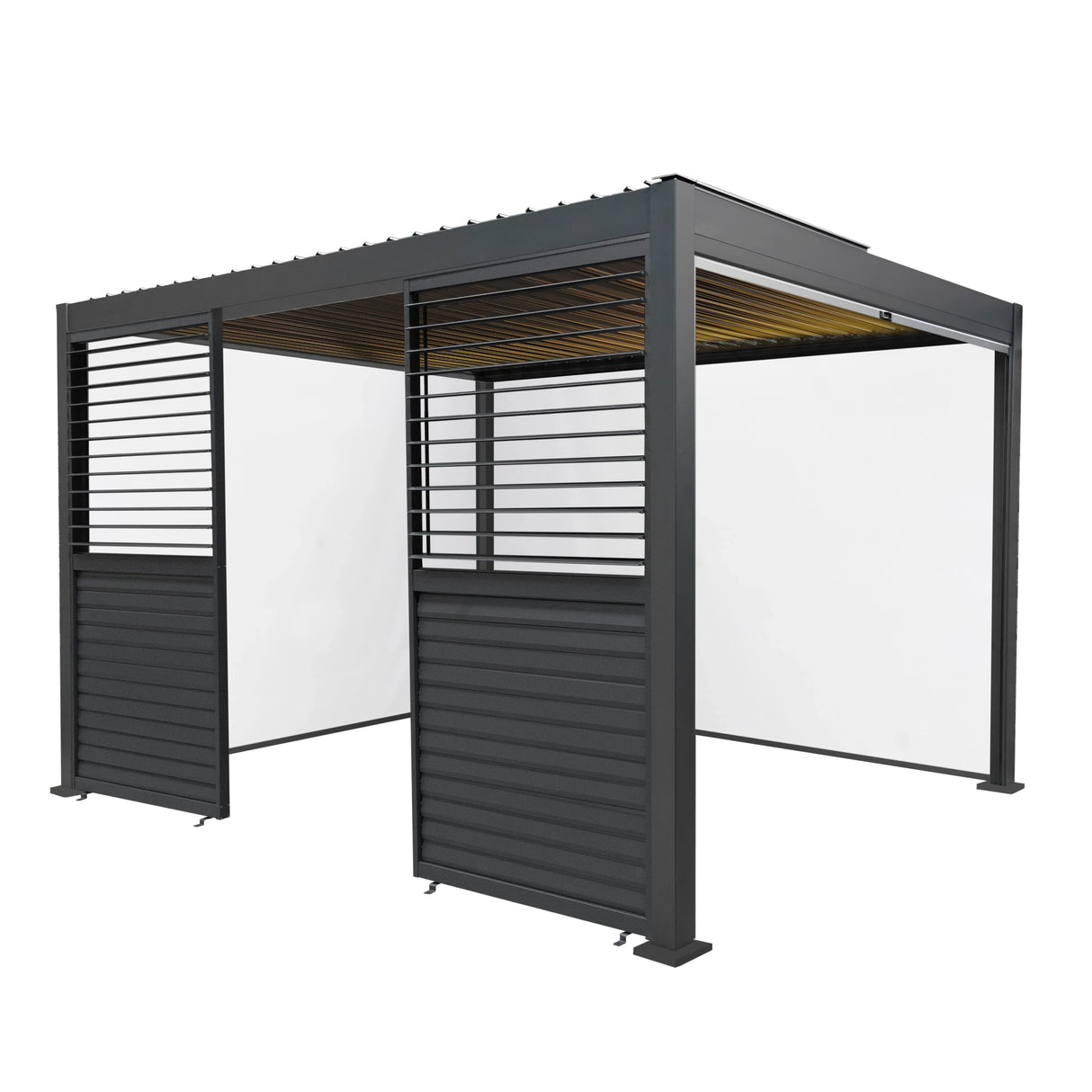 Anthracite aluminum pergola featuring white blinds, two side panels, and integrated LED lights, measuring 3m x 4m