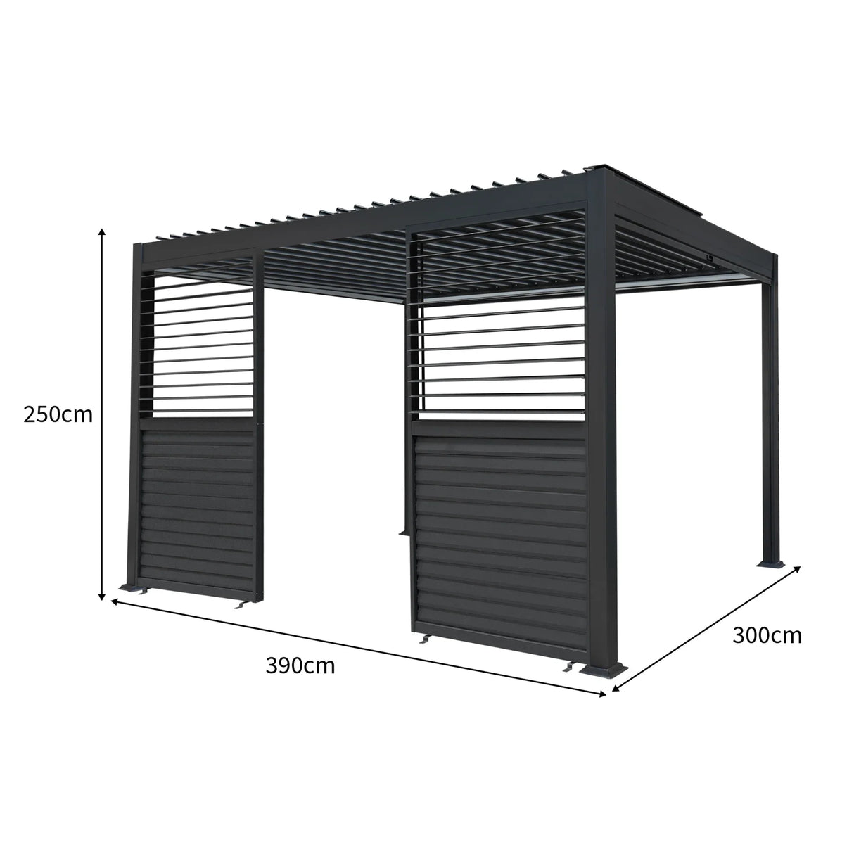 Anthracite aluminum pergola with white blinds, two side panels, and integrated LED lights, measuring 3m x 4m, modern design