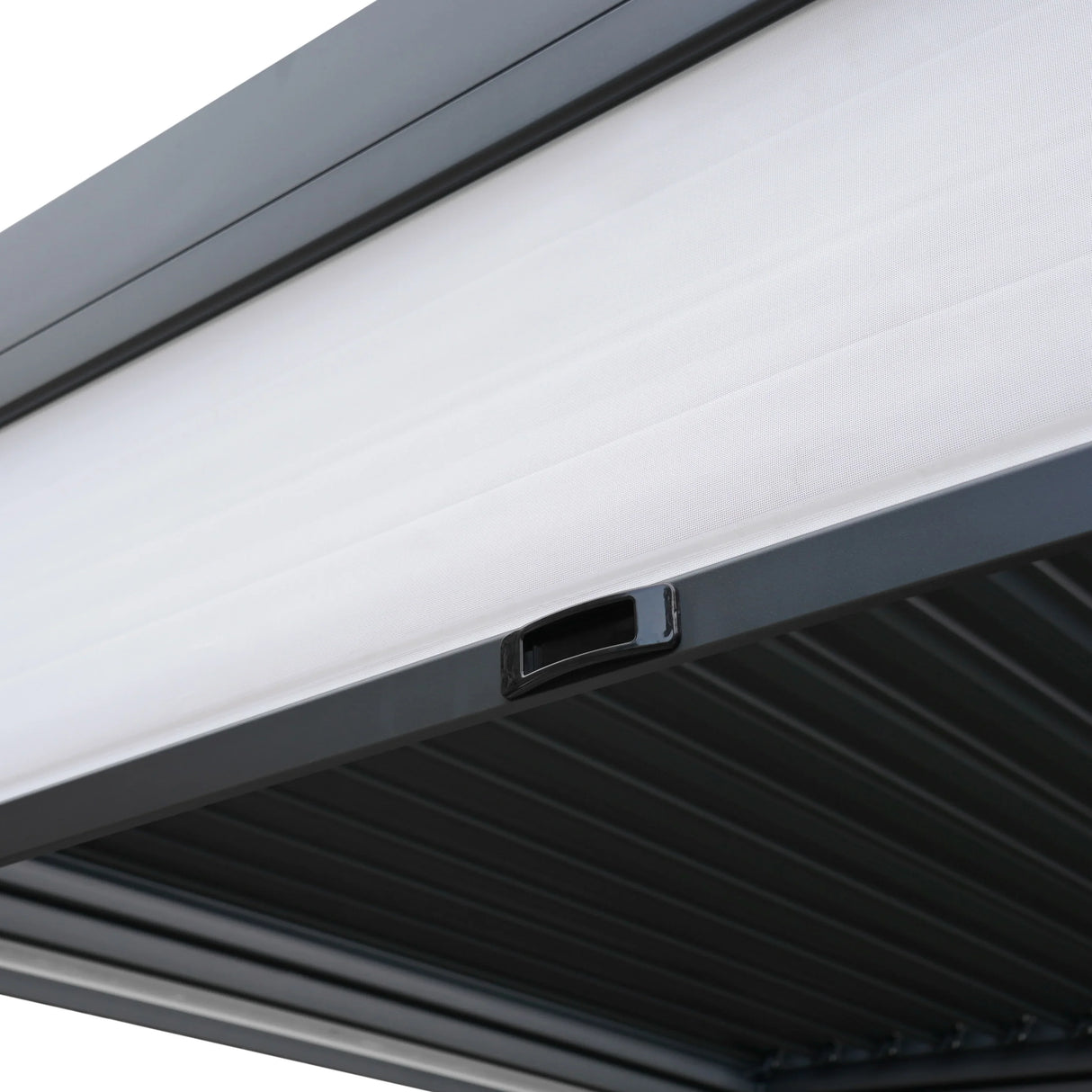 Anthracite aluminium pergola featuring white blinds, sleek design, LED lights, and side panels, ideal for outdoor spaces