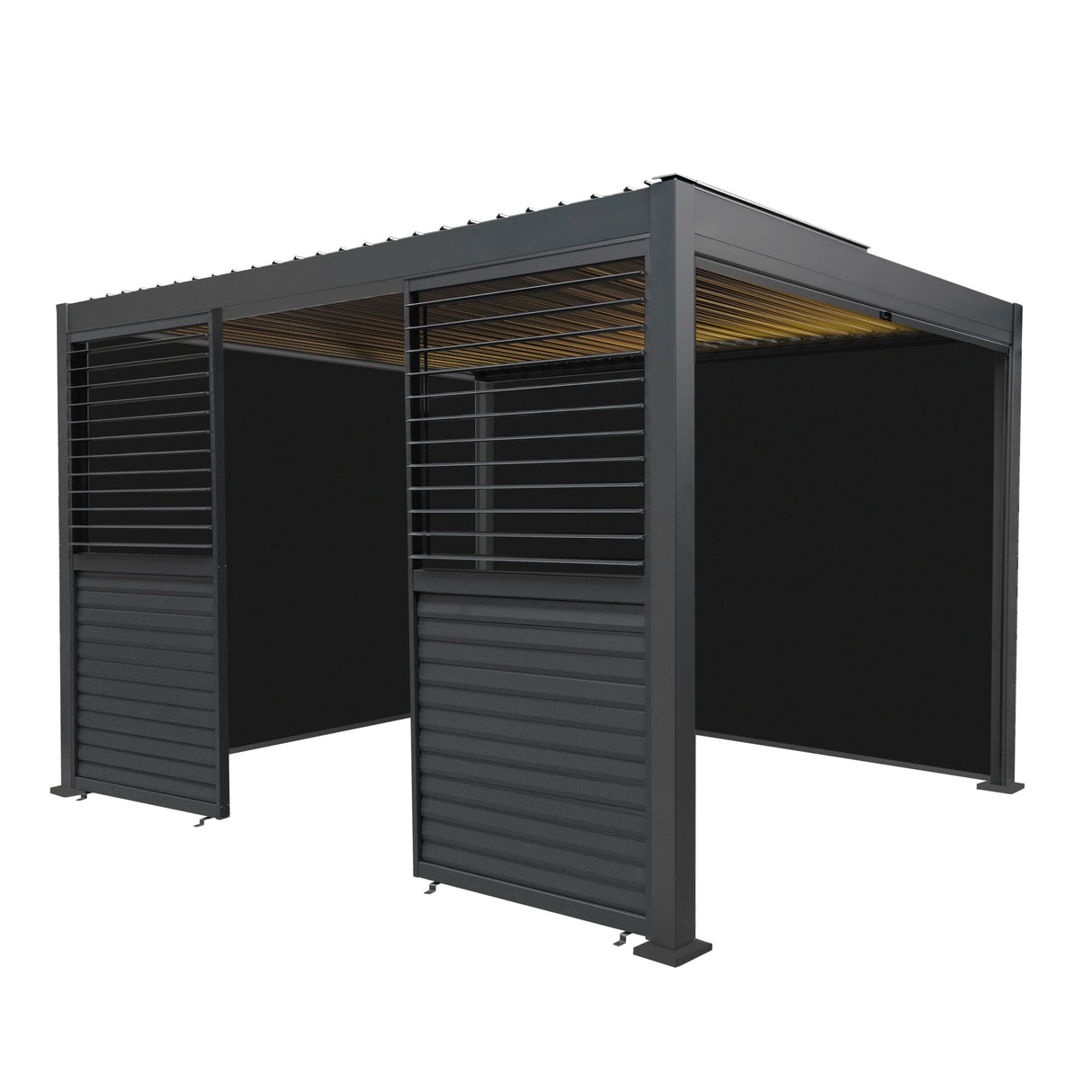 Aluminium pergola with anthracite blinds, featuring two side panels and integrated LED lights, measuring 3m x 4m, sleek modern design
