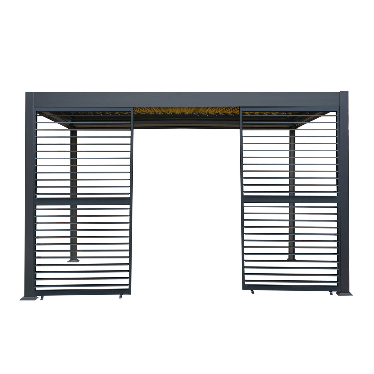 Aluminium pergola with anthracite blinds, featuring two side panels and integrated LED lights, measuring 3m x 4m