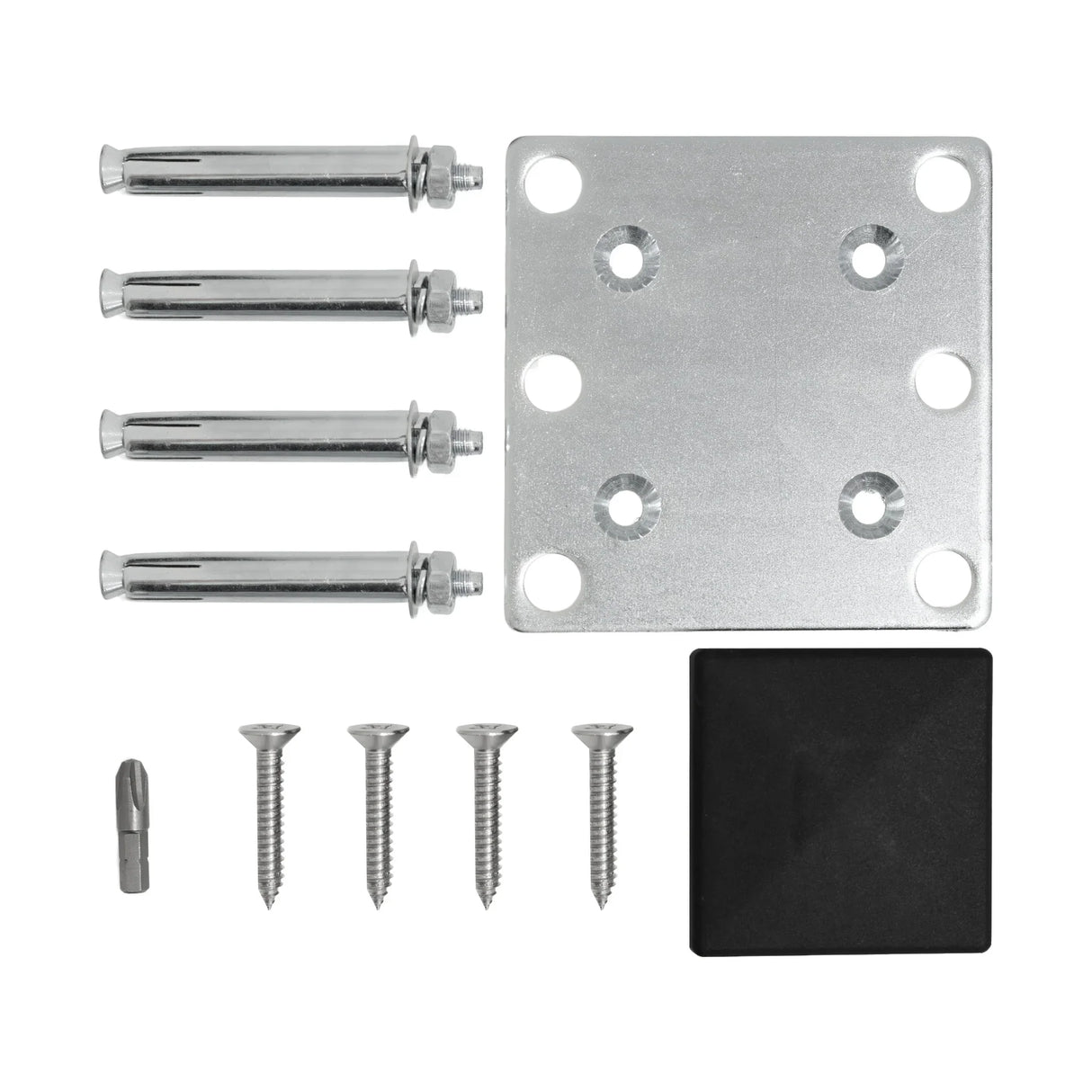 Grey composite angled fence panel hardware set, featuring metal brackets, screws, and a black rubber cap for secure installation
