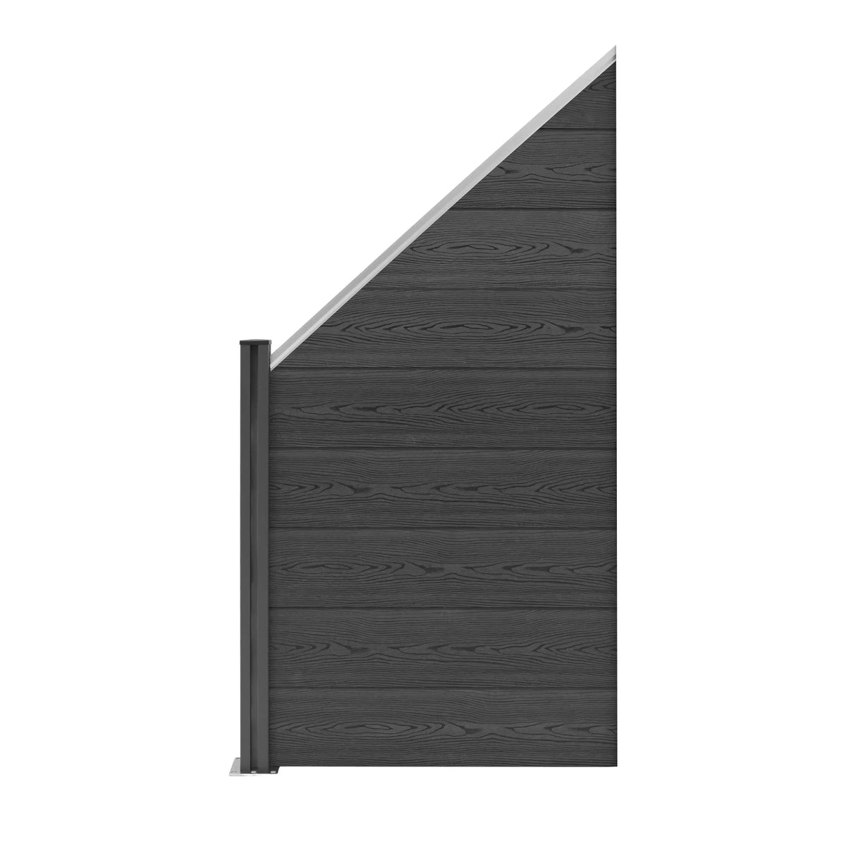 Composite angled fence panel in grey with a sleek, modern design, featuring textured wood grain and a sturdy metal frame
