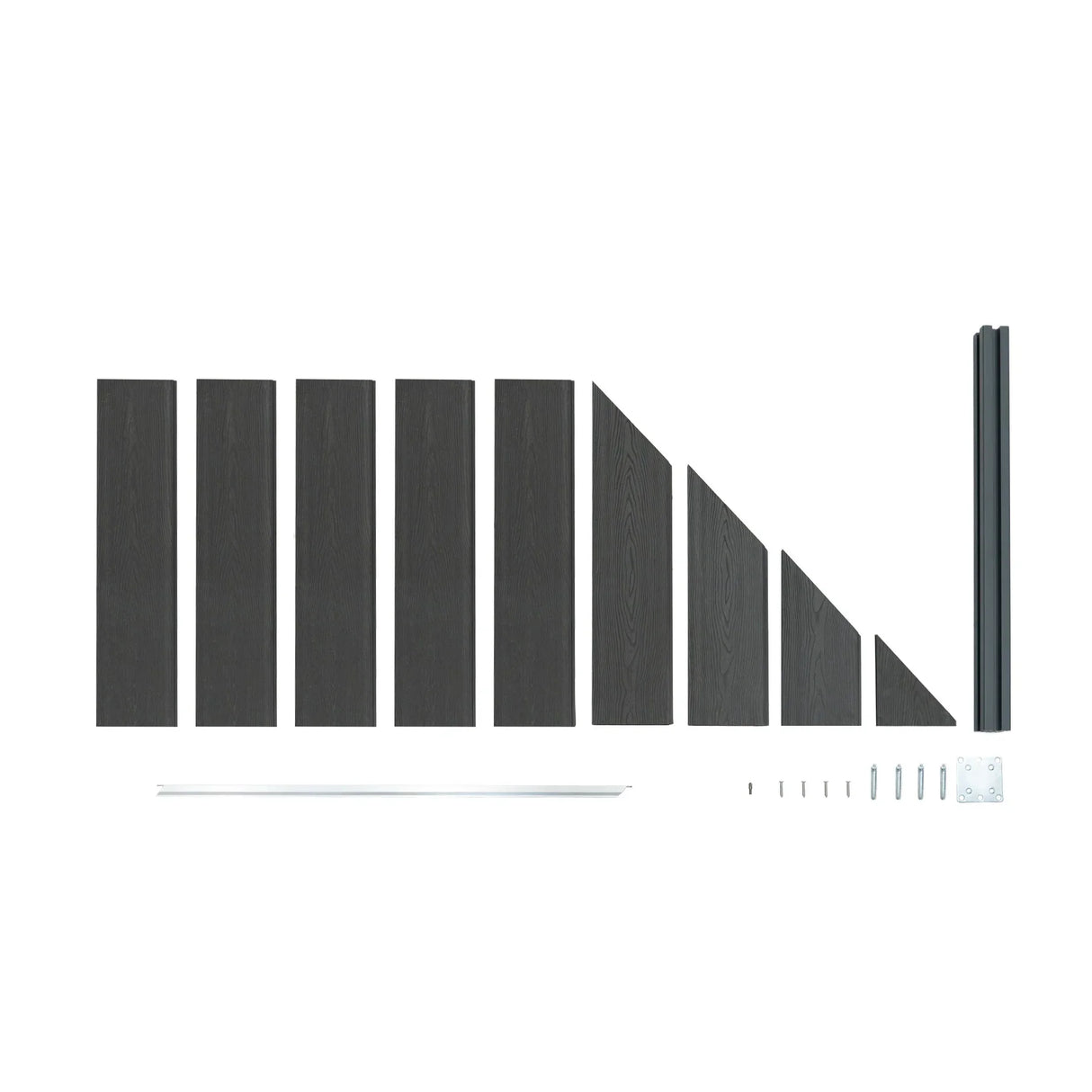 Grey composite angled fence panel components arranged neatly, showcasing textured planks, metal posts, and installation hardware