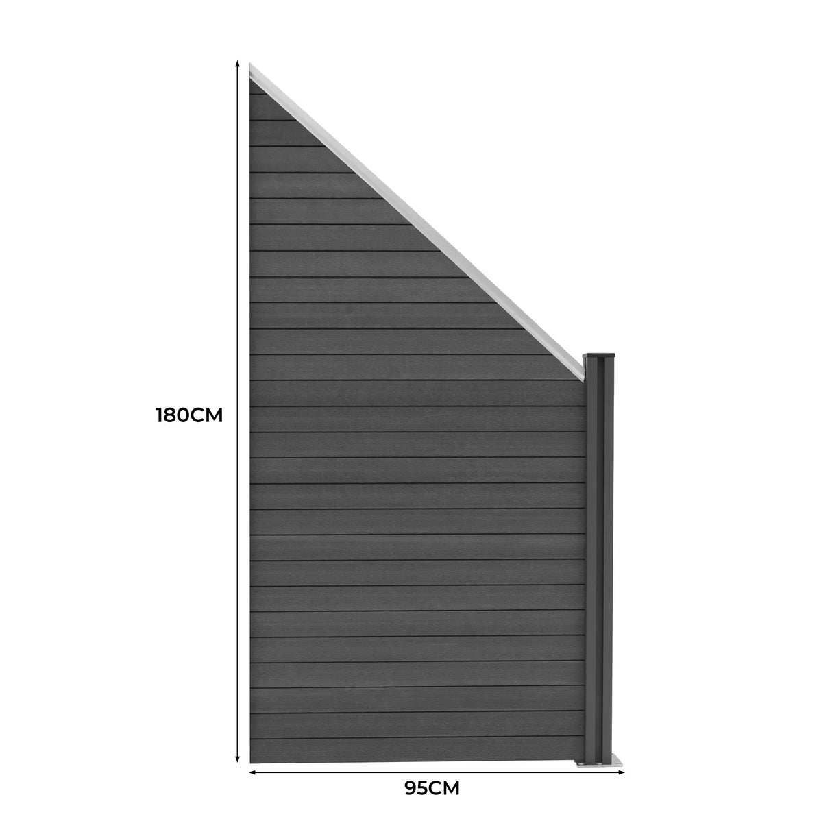 Composite angled fence panel in grey, featuring a modern design with horizontal slats, measuring 180cm high and 95cm wide