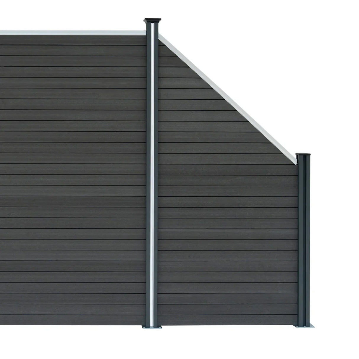 Composite angled fence panel in grey, featuring a sleek design with horizontal slats and sturdy metal posts for durability