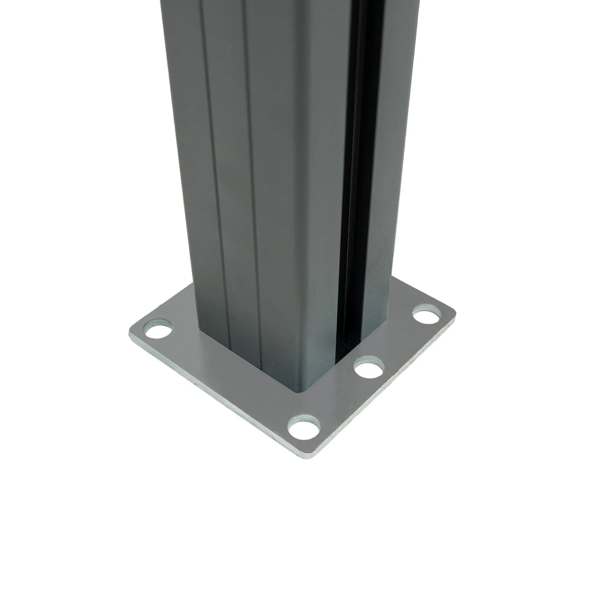 Grey composite angled fence panel featuring a sturdy base with four mounting holes for secure installation and durability