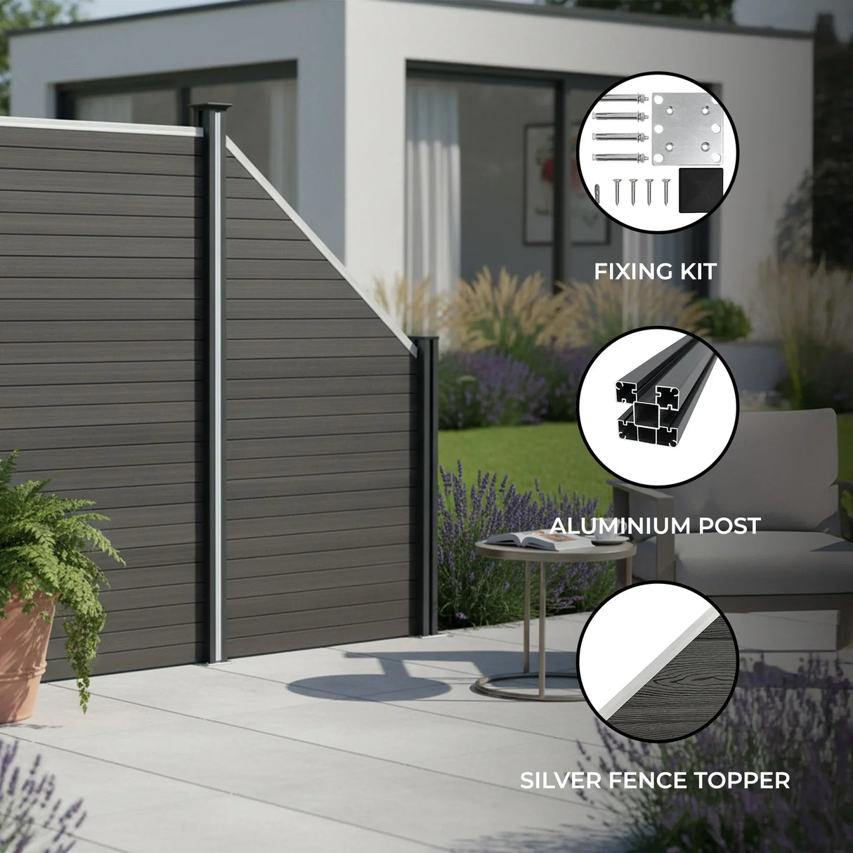 Composite angled fence panel in grey with an aluminum post, fixing kit, and silver fence topper, set in a modern outdoor space