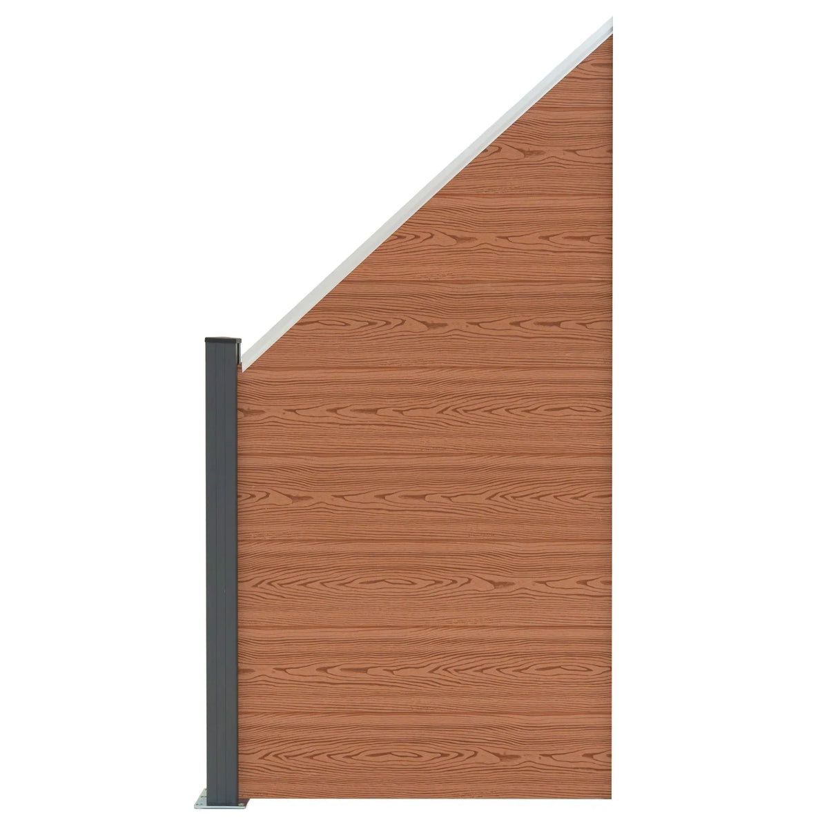 Composite angled fence panel in rich brown with a textured wood finish, featuring a sleek gray metal post for stability