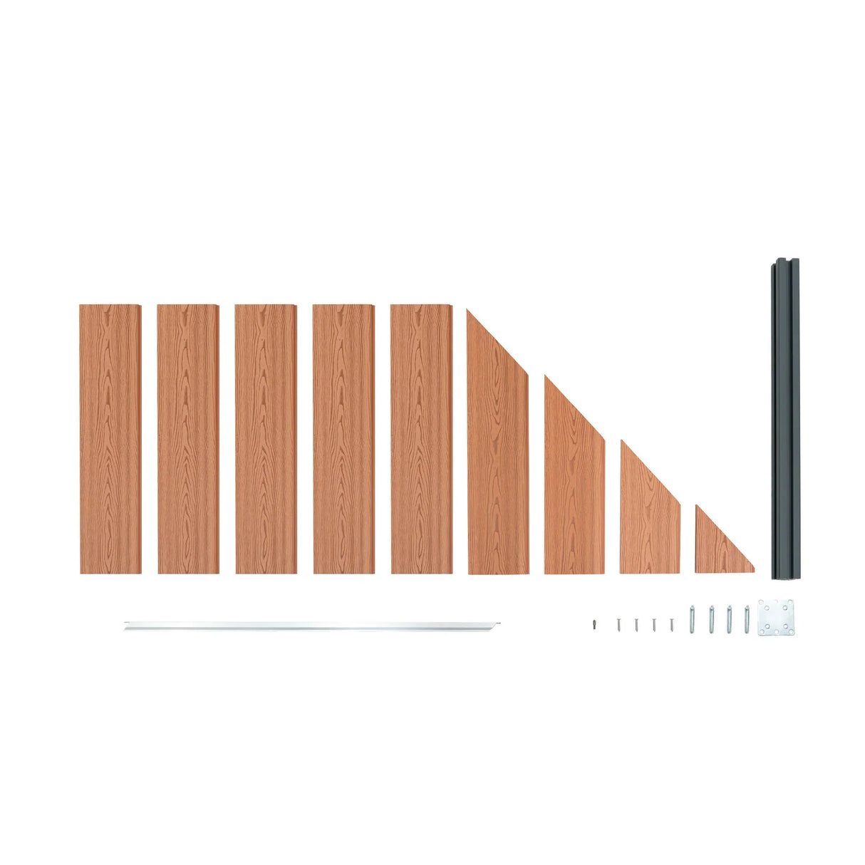 Brown composite angled fence panel with a wood-like texture, featuring slats and metal support brackets for easy installation