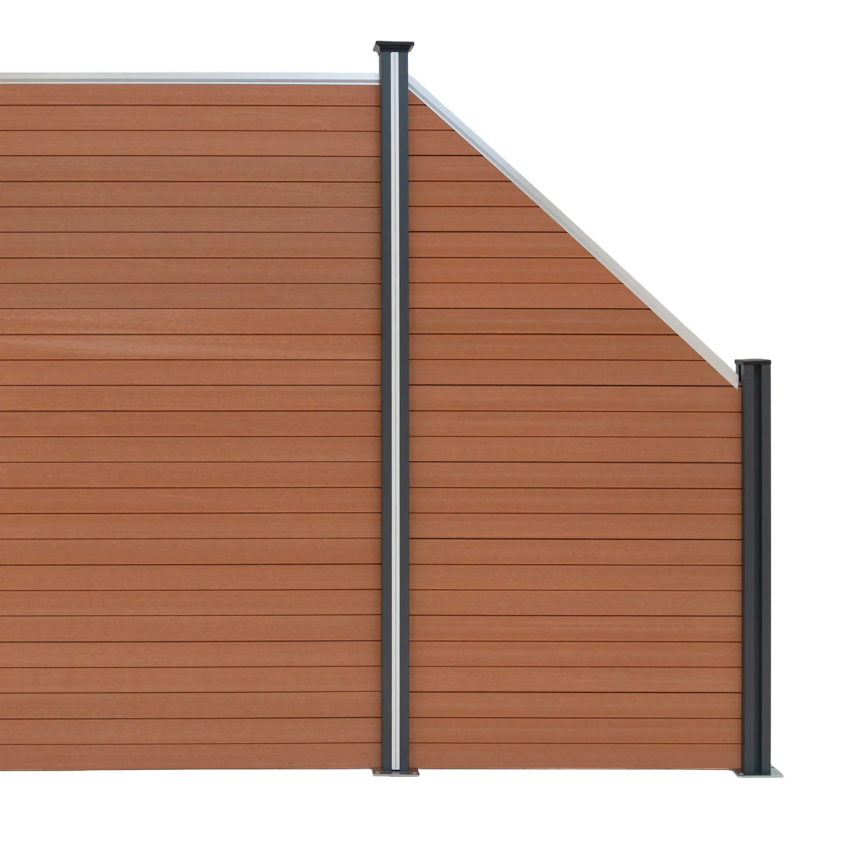 Composite angled fence panel in rich brown, featuring a smooth texture and sleek black metal posts for stability and modern appeal