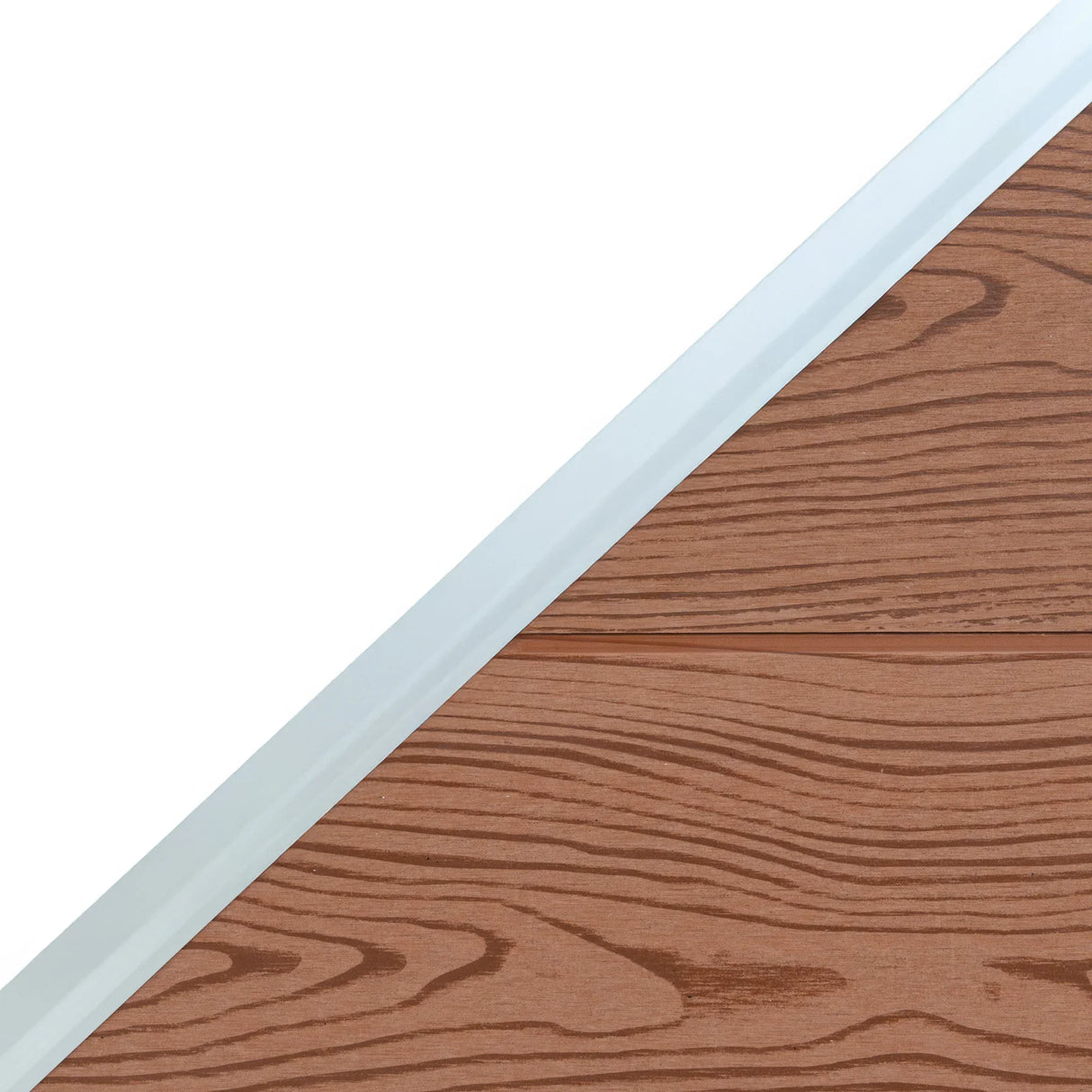 Composite angled fence panel in rich brown with a wood grain texture, featuring a sleek white trim along the edge