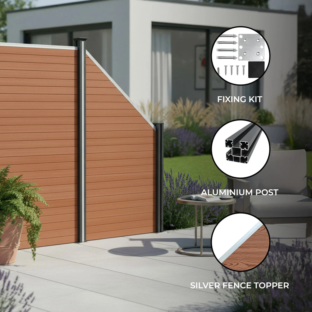 Composite angled fence panel in rich brown, featuring a sleek aluminum post and silver fence topper, set in a modern outdoor space