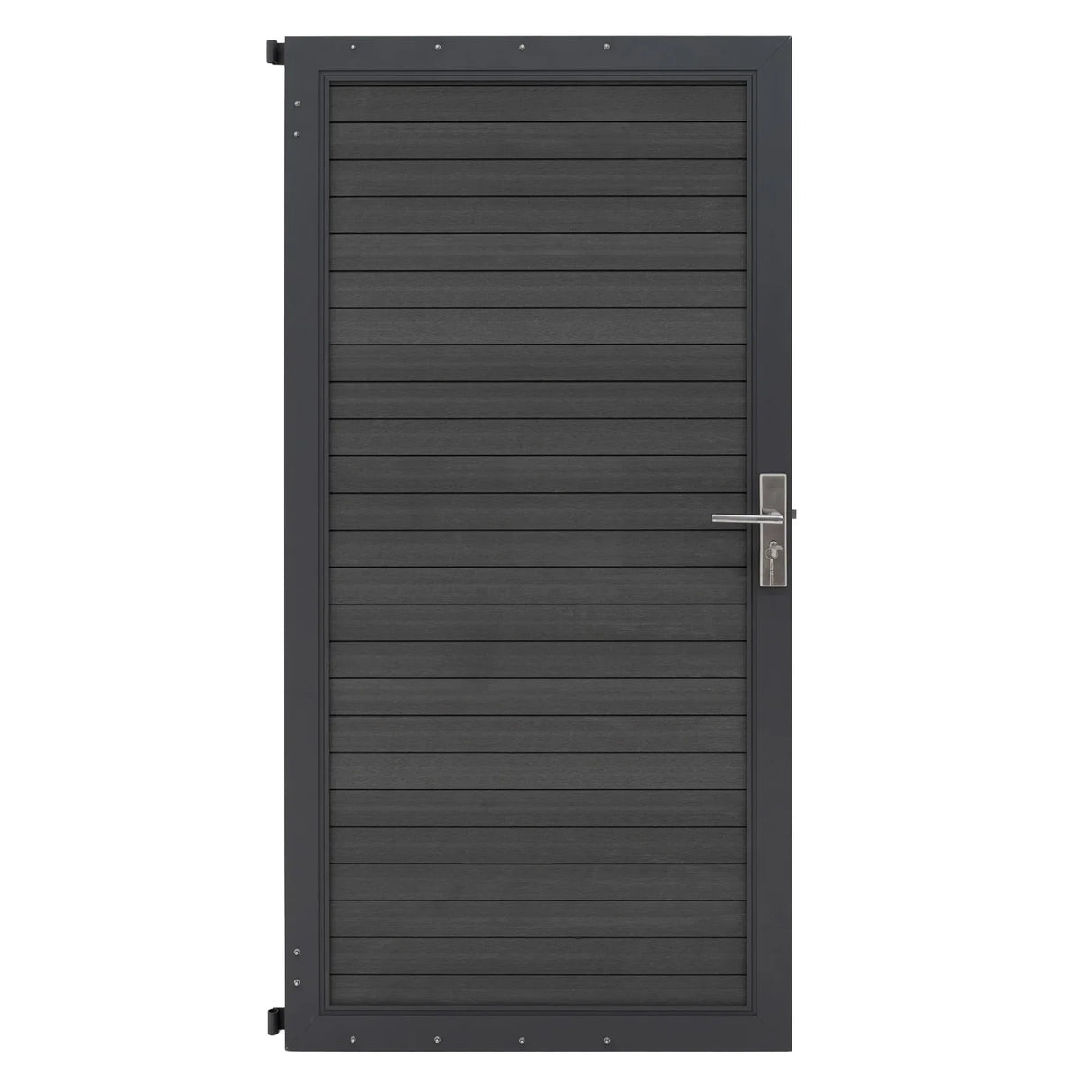 Grey composite panel gate featuring a sleek, modern design with horizontal slats and a brushed metal handle for durability