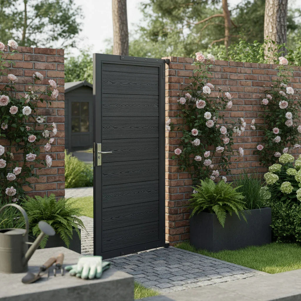 Grey composite panel gate with textured wood finish, surrounded by brick wall, flowers, and greenery in a serene garden setting