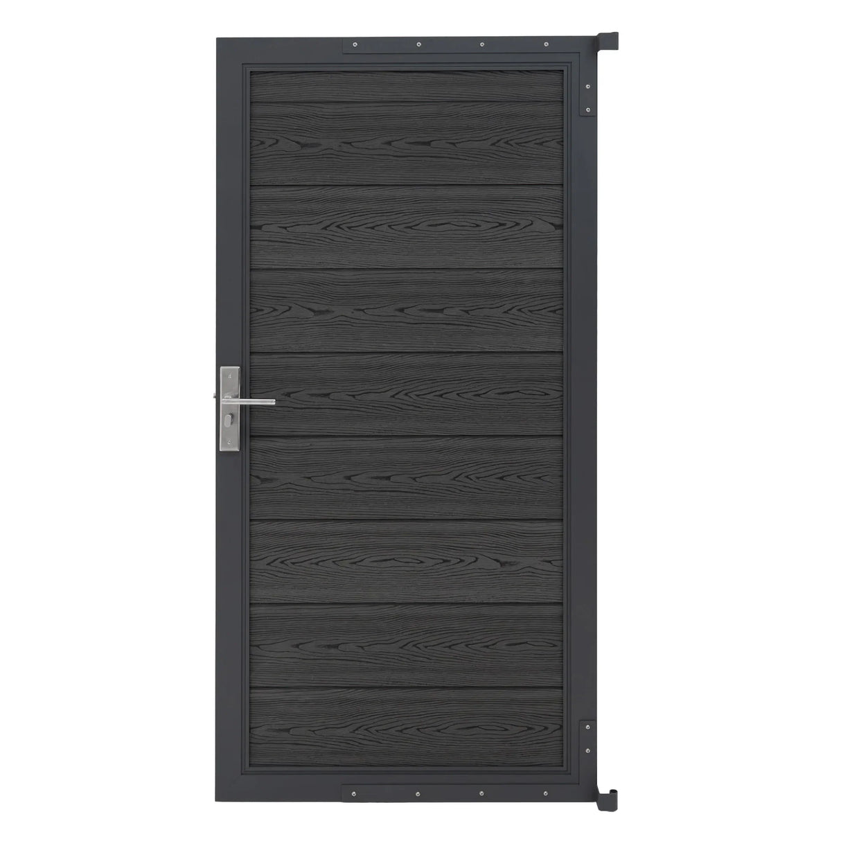 Grey composite panel gate with a sleek wood-like texture, featuring a modern handle and sturdy metal frame for durability