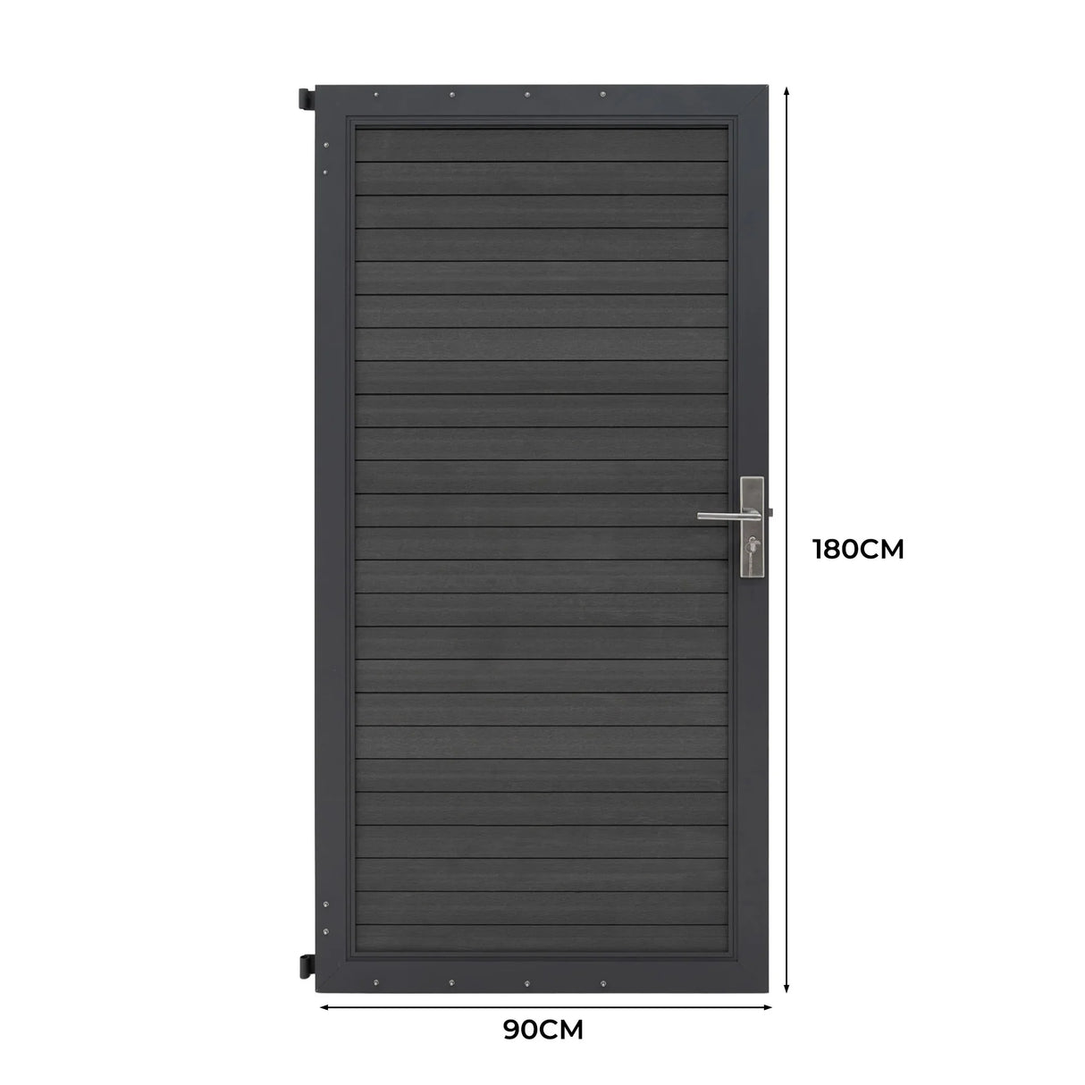 Grey composite panel gate with a sleek, modern design, featuring horizontal slats and a stainless steel handle, measuring 90cm by 180cm