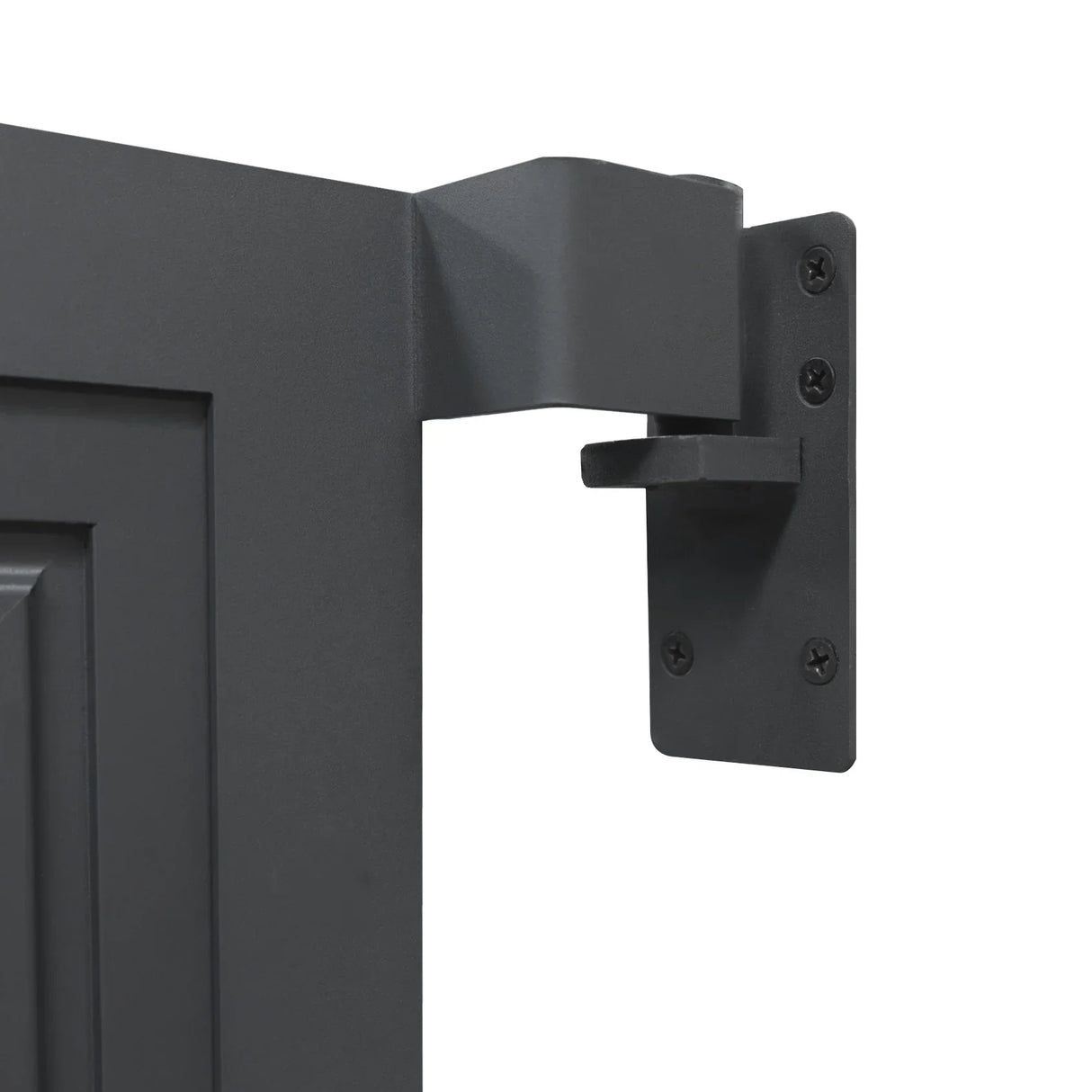 Grey composite panel gate with a sleek design, featuring a sturdy hinge and mounting bracket for secure installation