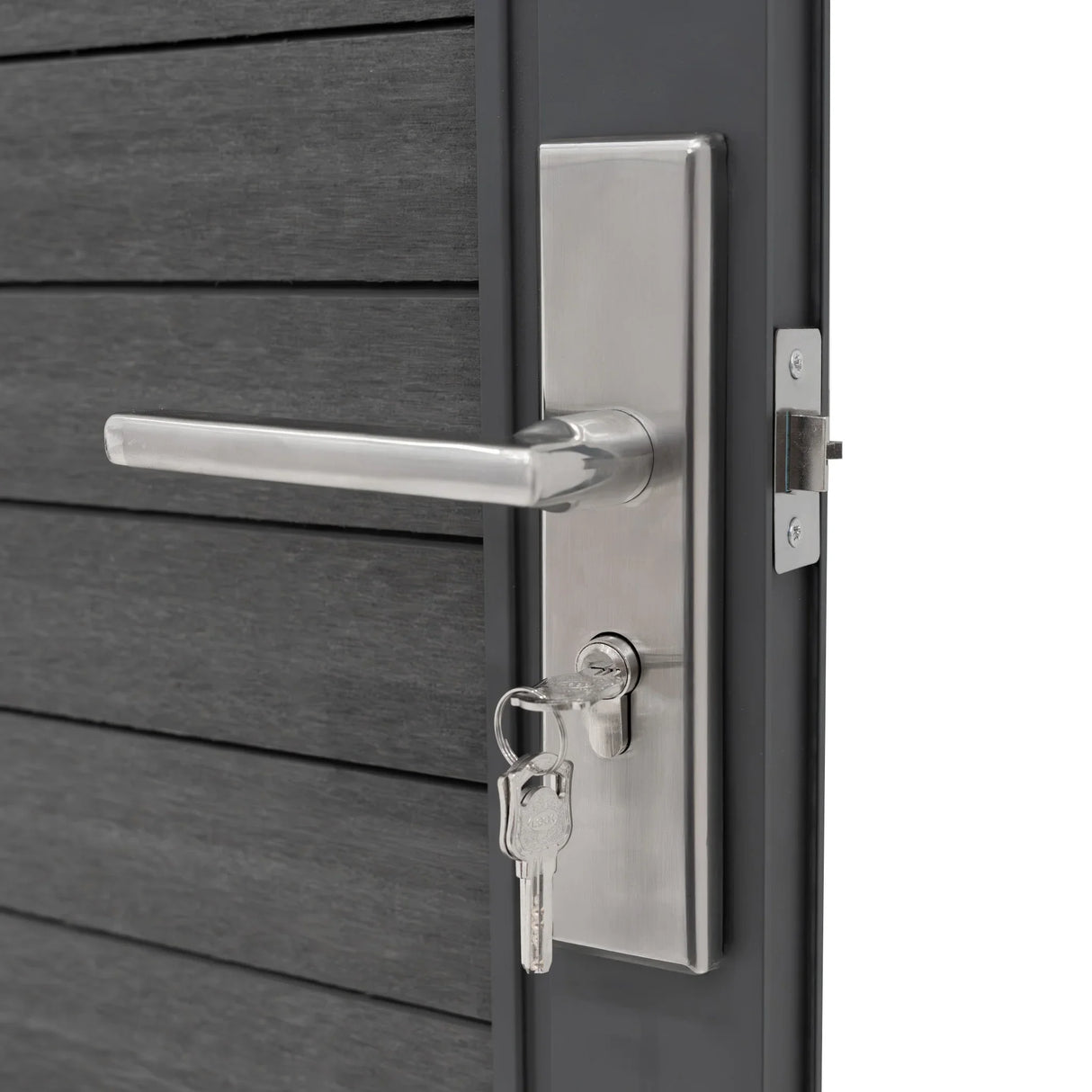 Grey composite panel gate featuring a sleek stainless steel handle and lock, showcasing a modern design with horizontal slats