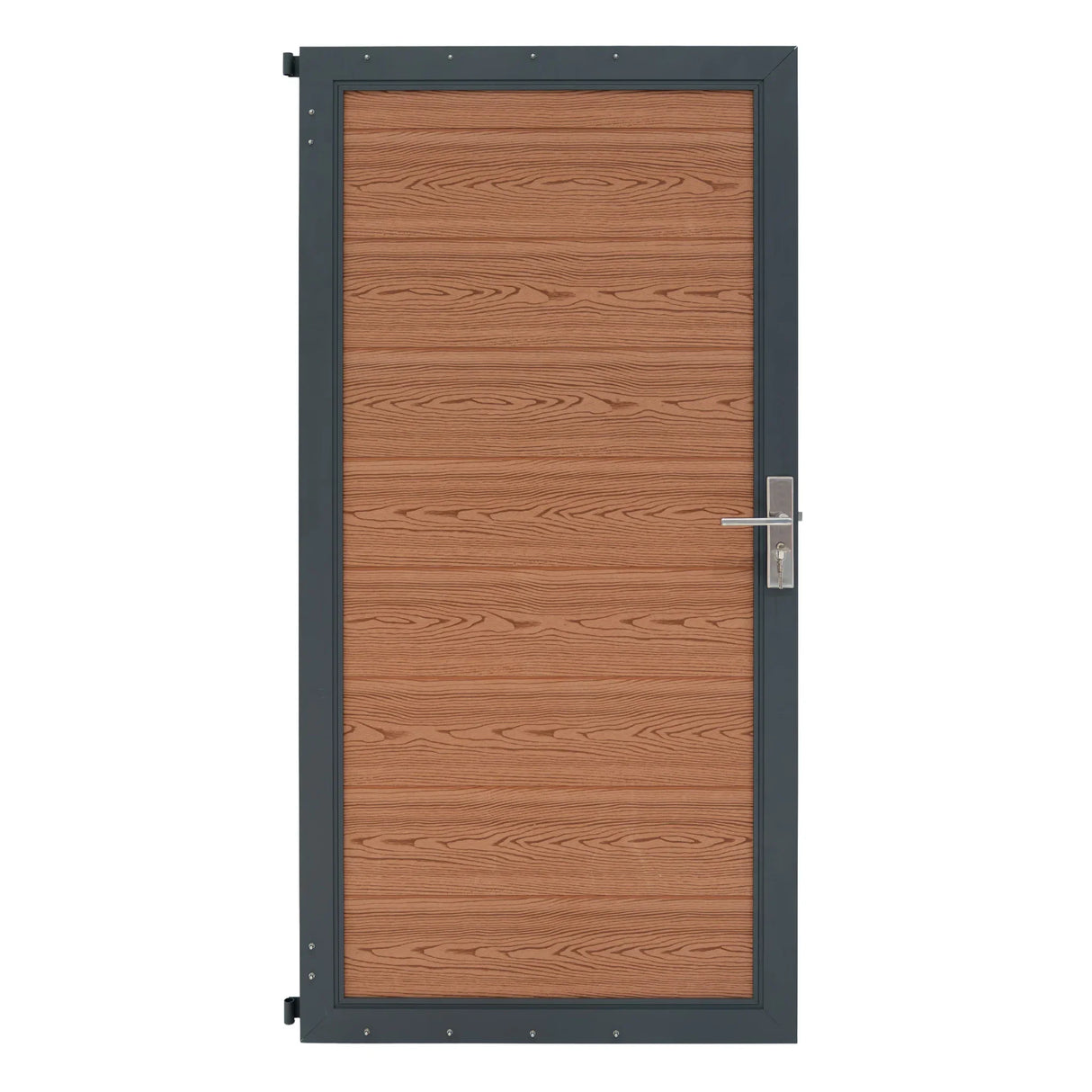 Brown composite panel gate with a wood grain texture, framed in a sleek black metal border, featuring a modern handle design