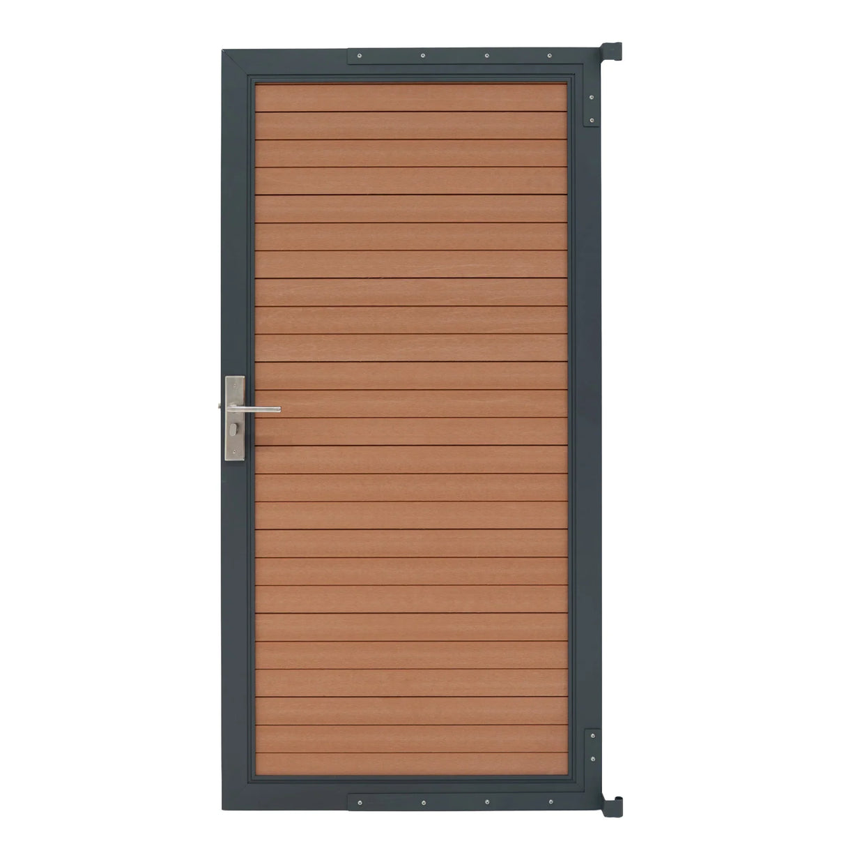 Brown composite panel gate featuring a sleek design with horizontal slats and a modern metal frame, ideal for outdoor spaces