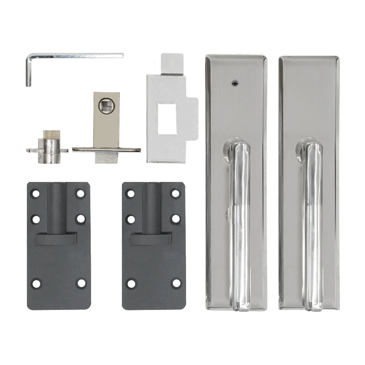 Brown composite panel gate hardware set featuring stainless steel handles, hinges, and locking mechanism for secure installation