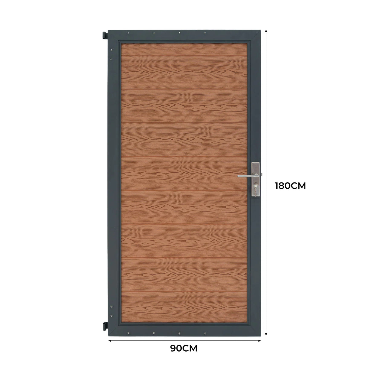 Brown composite panel gate featuring a wood-like texture, sleek metal frame, and dimensions of 90cm by 180cm