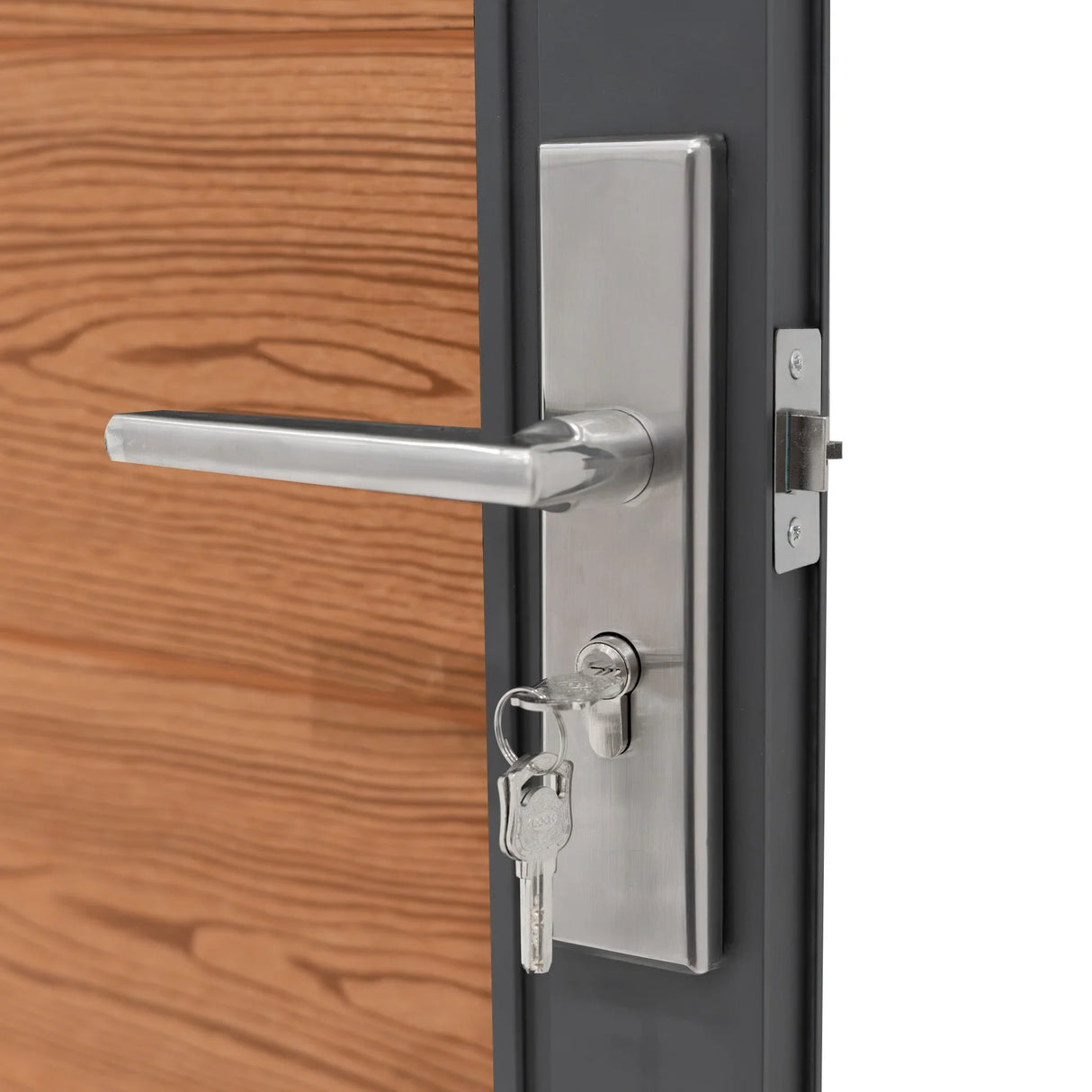 Brown composite panel gate featuring a sleek silver handle and key lock, showcasing a wood-like texture and modern design