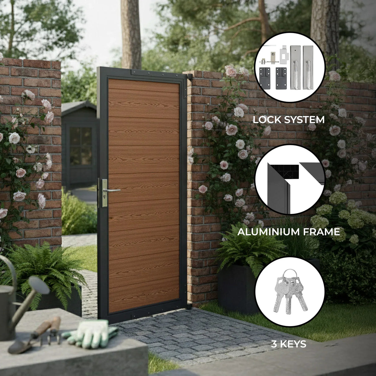 Brown composite panel gate with an aluminum frame, featuring a secure lock system, surrounded by a brick wall and greenery