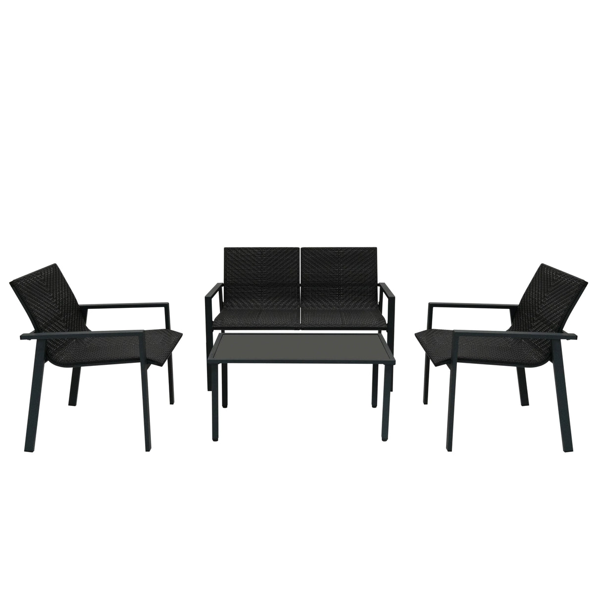 Black rattan patio furniture set featuring two chairs and a loveseat with a glass-top coffee table, perfect for outdoor relaxation