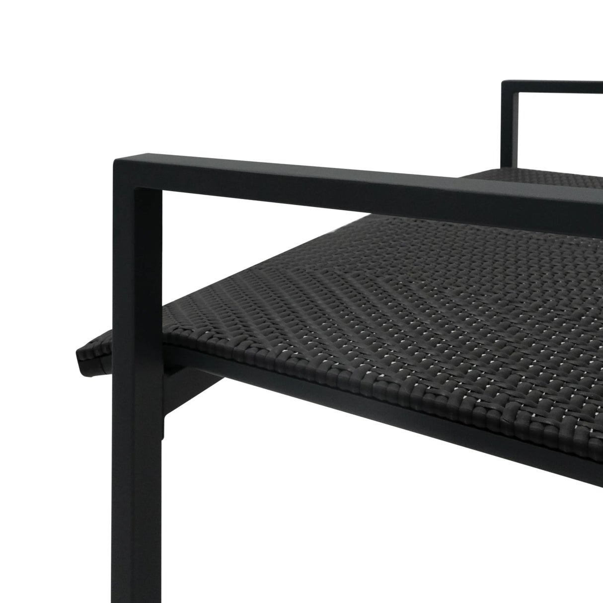 Black rattan patio furniture set featuring a sleek, modern design with woven texture and sturdy metal frame for outdoor comfort