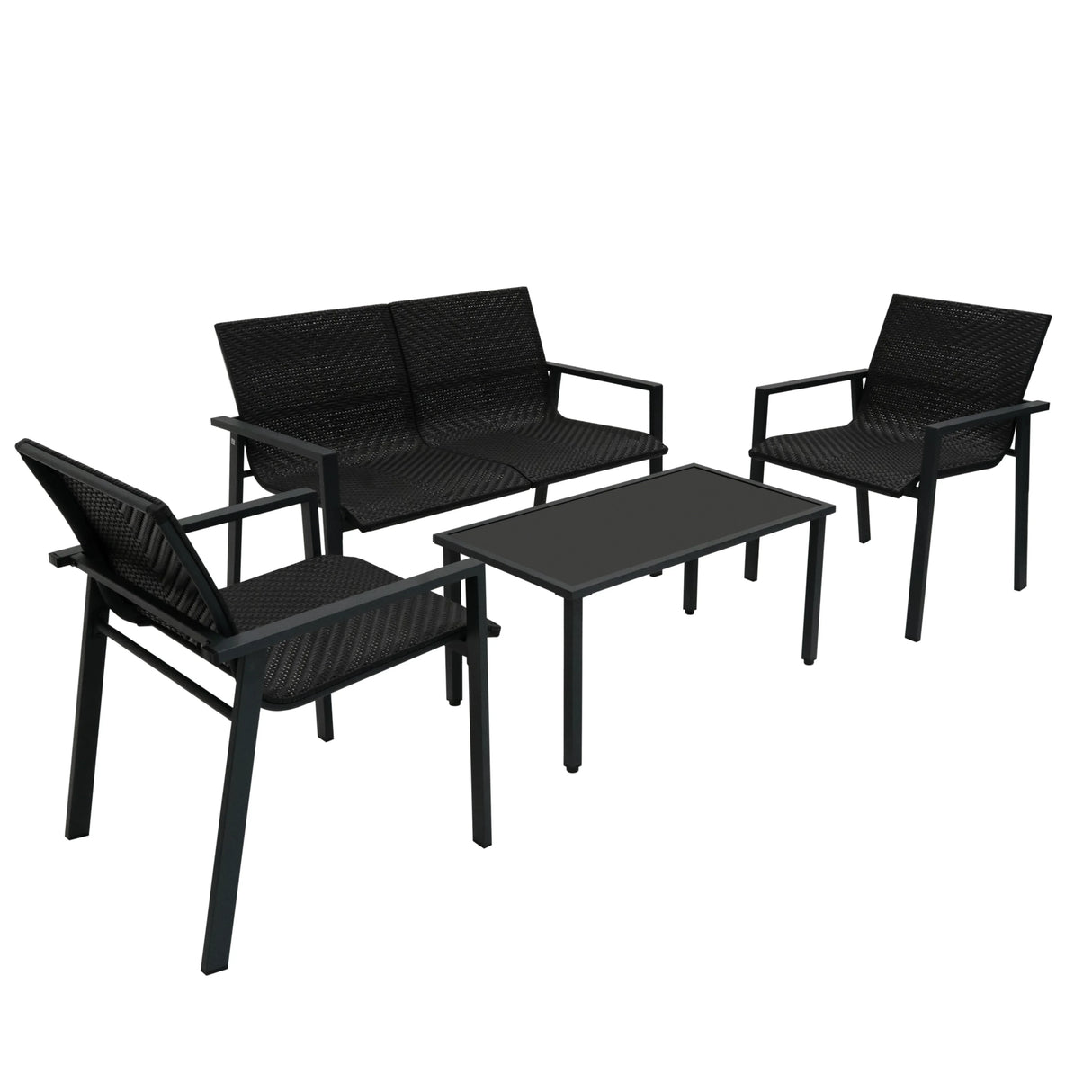 Black rattan patio furniture set featuring a two-seater sofa, two armchairs, and a rectangular coffee table, perfect for outdoor relaxation