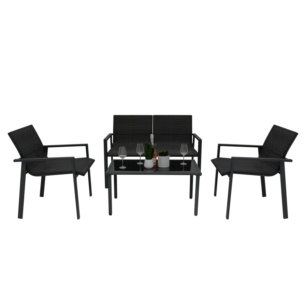 Black rattan patio furniture set featuring two chairs and a coffee table, with a glass top and stylish woven texture, perfect for outdoor relaxation