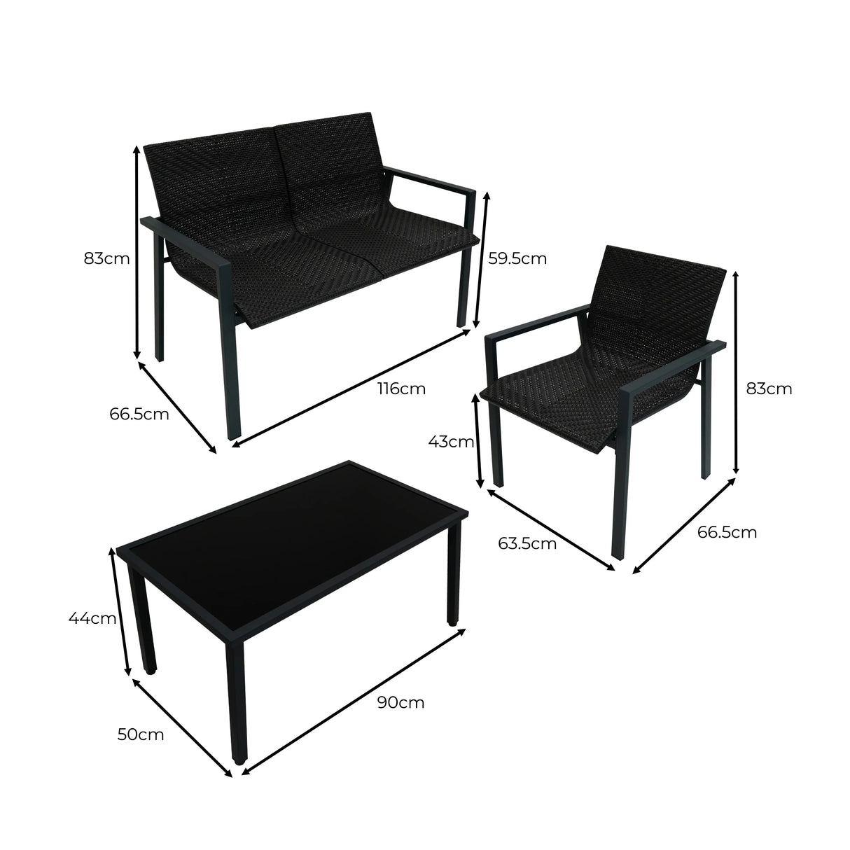 Black rattan patio furniture set featuring a two-seater sofa, armchair, and glass-top coffee table, showcasing modern design and durability