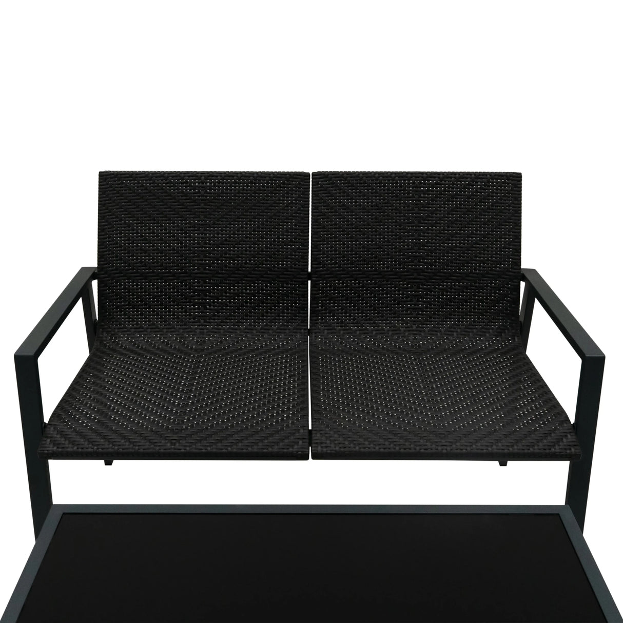 Stylish black rattan patio furniture set featuring a sleek two-seater sofa with modern metal frame and textured seating cushions