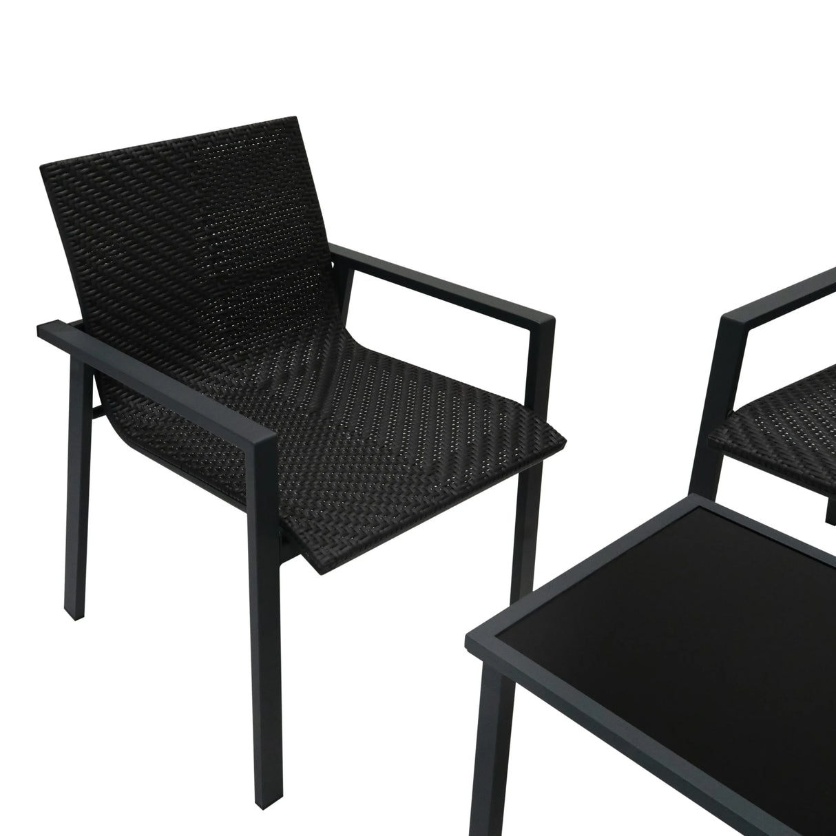 Black rattan patio furniture set featuring sleek chairs with armrests and a matching glass-top table, ideal for outdoor relaxation