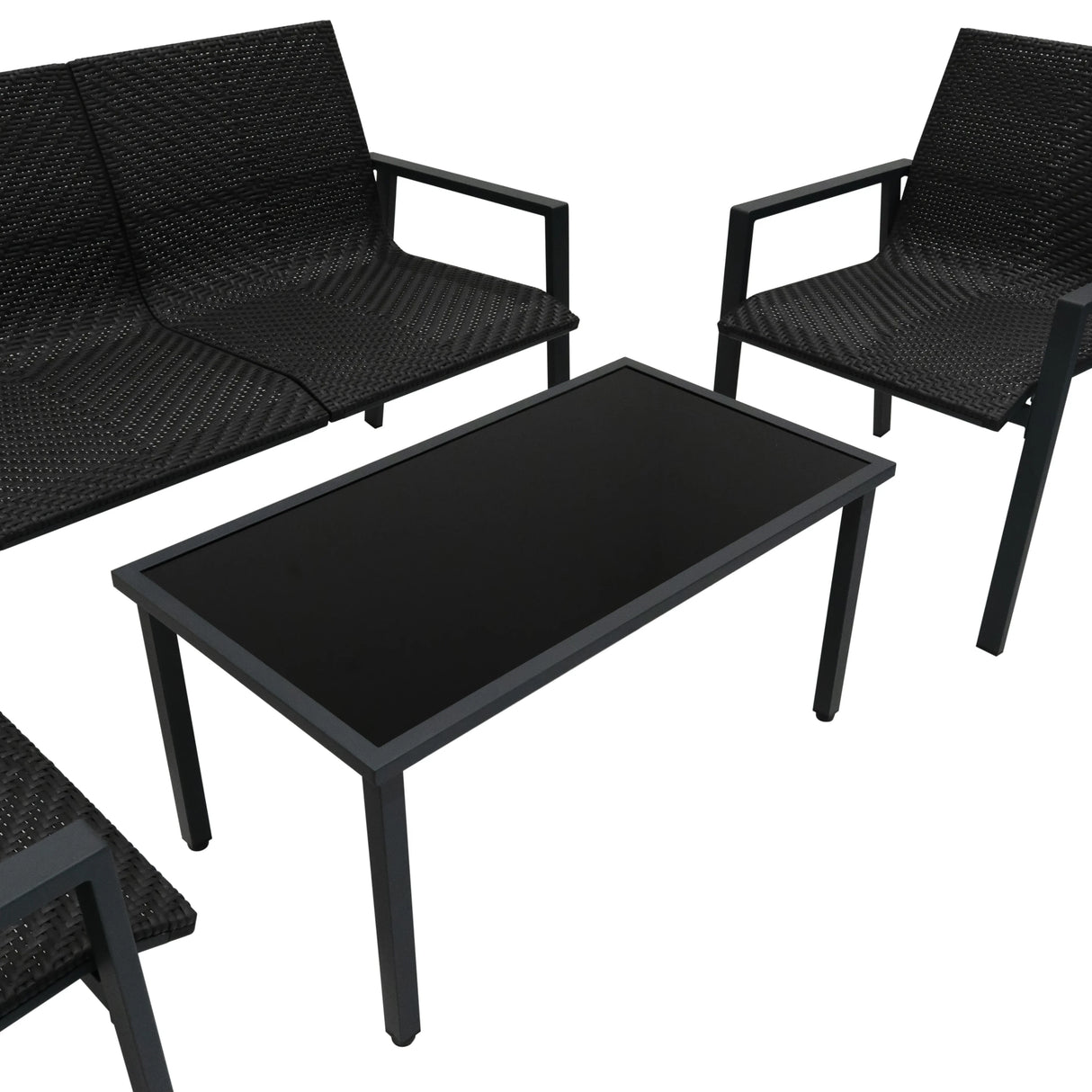Black rattan patio furniture set featuring two chairs and a sleek glass-top table, perfect for outdoor relaxation and gatherings