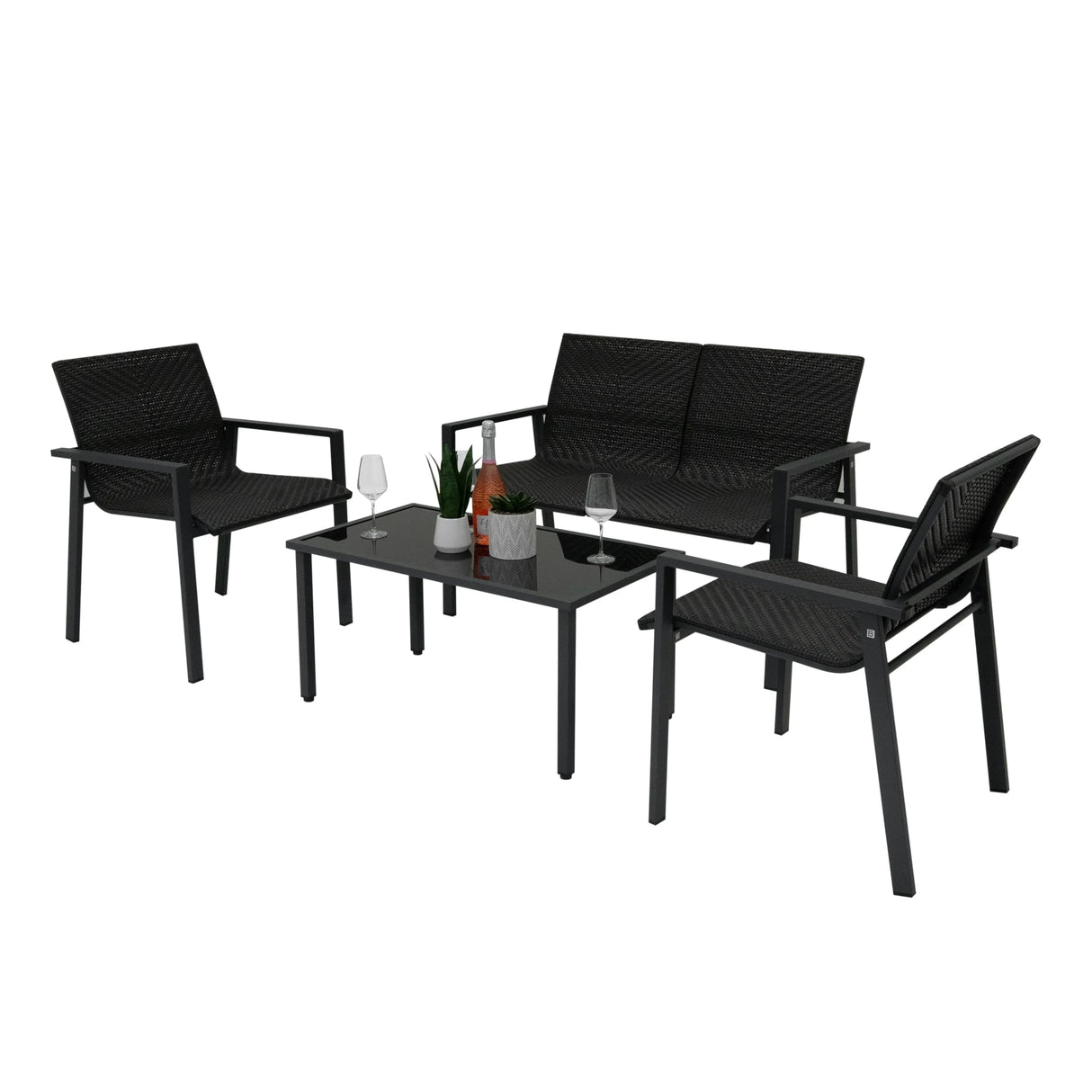 Black rattan patio furniture set featuring a two-seater sofa, two armchairs, and a sleek glass-top coffee table, perfect for outdoor relaxation