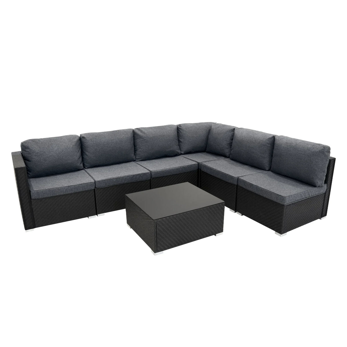 Rattan modular 7-piece furniture set in black with plush gray cushions, featuring a modern sectional sofa and sleek coffee table