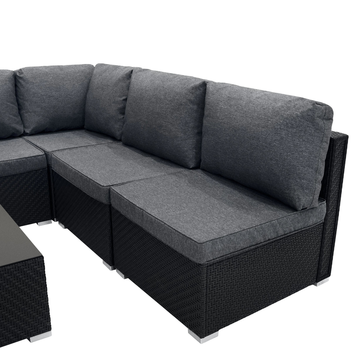Rattan modular 7-piece furniture set in black with plush gray cushions, featuring a sleek, modern design and woven texture