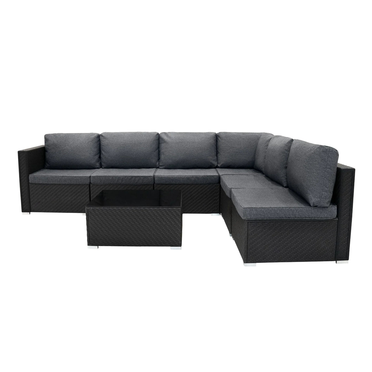 Rattan modular 7 piece furniture set in black with plush gray cushions, featuring a sectional sofa and a glass-top coffee table